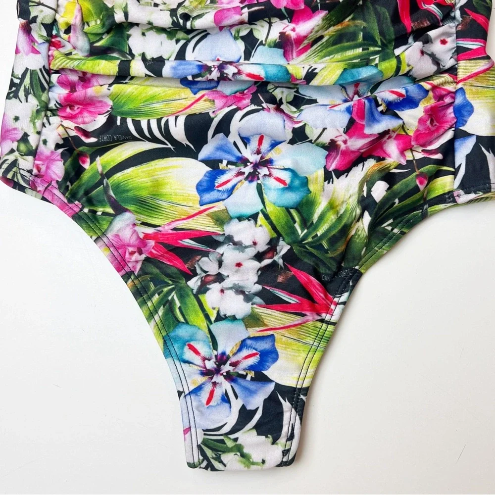 •DANIELA CORTE• Floral One‎ Piece Ruched Strapless Cheeky Swimsuit Size XS